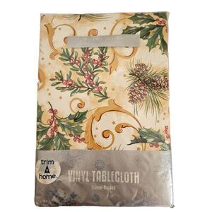 Vtg Christmas Vinyl Flannel Back Tablecloth Oval 52x70"  Trim-A-Home